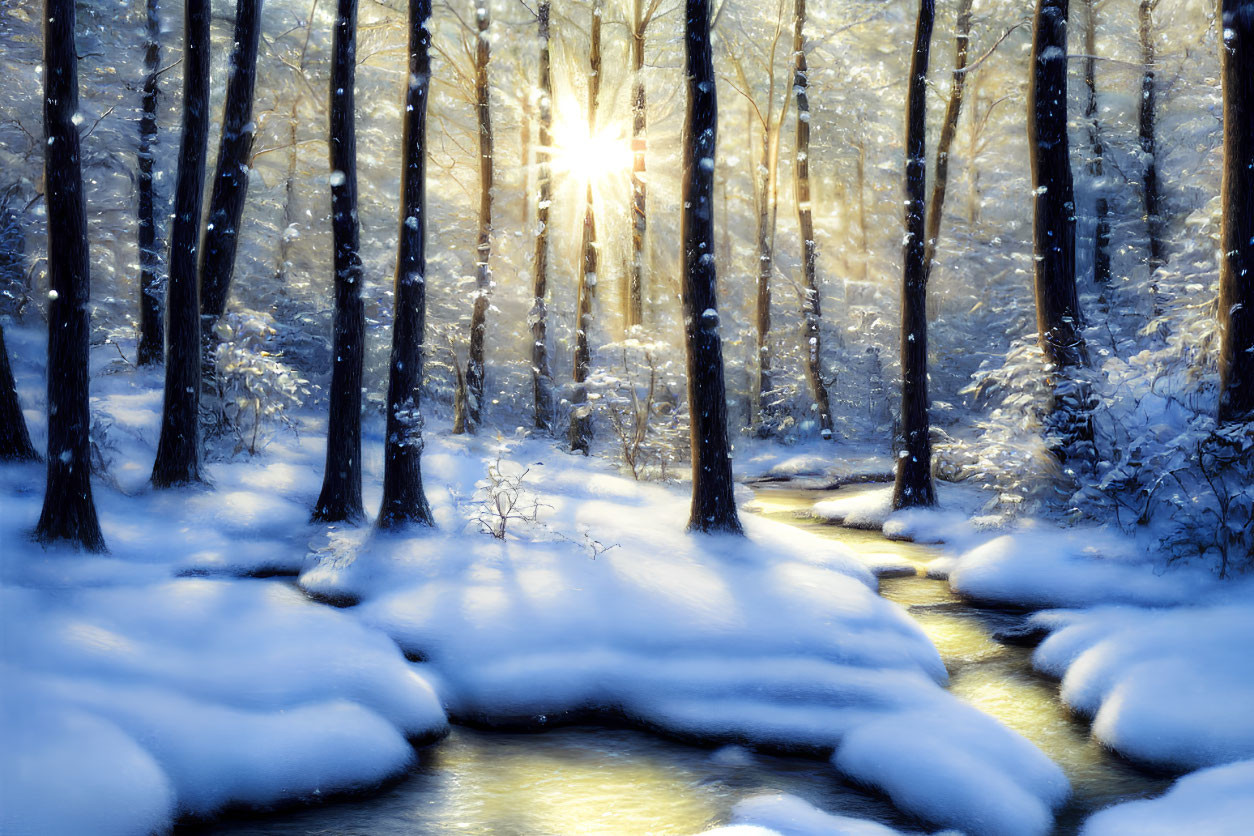 Winter forest sunlight streaming over snow-covered streambanks