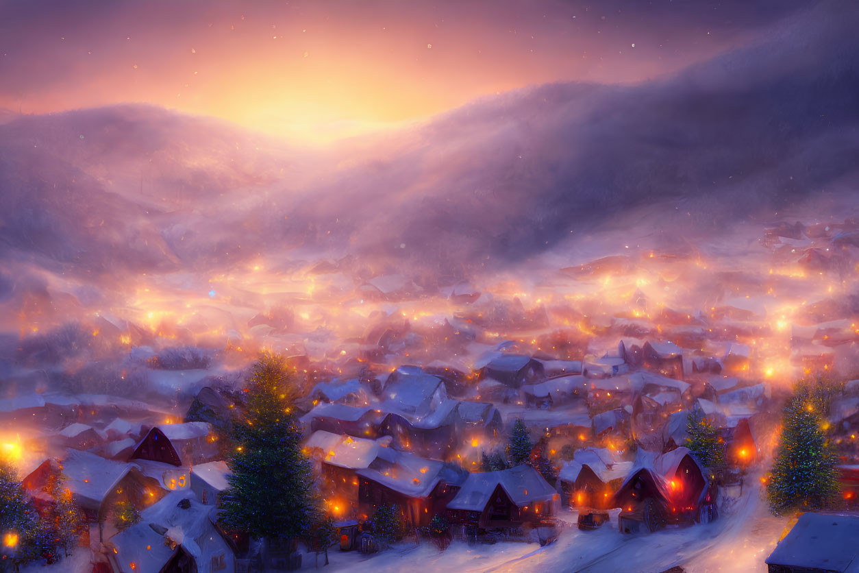 Snow-covered winter village with warm glowing lights at dusk