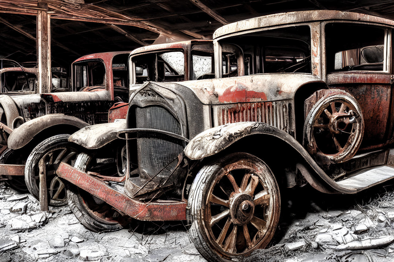 Abandoned vintage cars with wooden spokes in a rustic shed