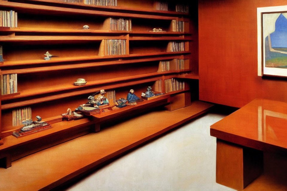 Room painting with wooden shelves, books, mini figures, desk, and red artwork