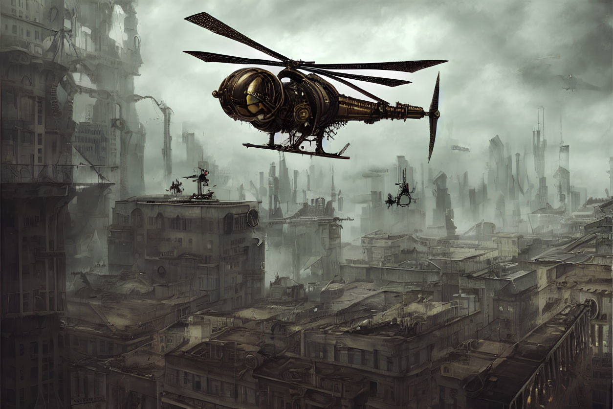 Dystopian cityscape with steam-powered helicopters and dilapidated buildings