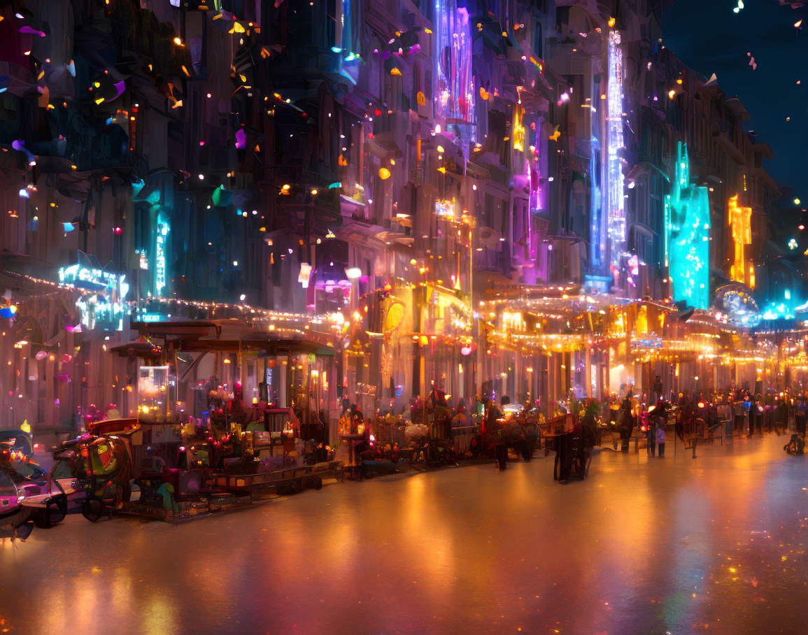 Colorful Neon-Lit City Street at Night with Bustling Activity