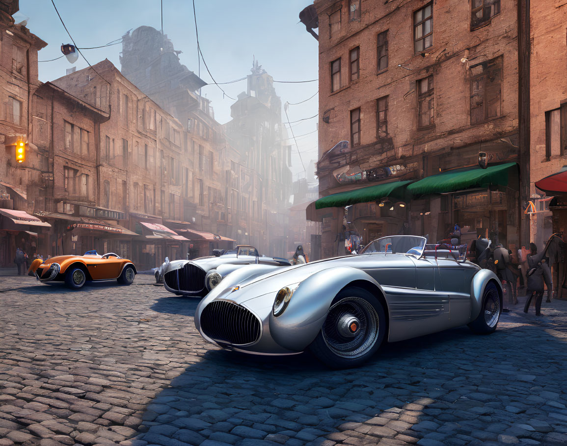 Vintage European street with classic cars and cobblestone roads at sunrise