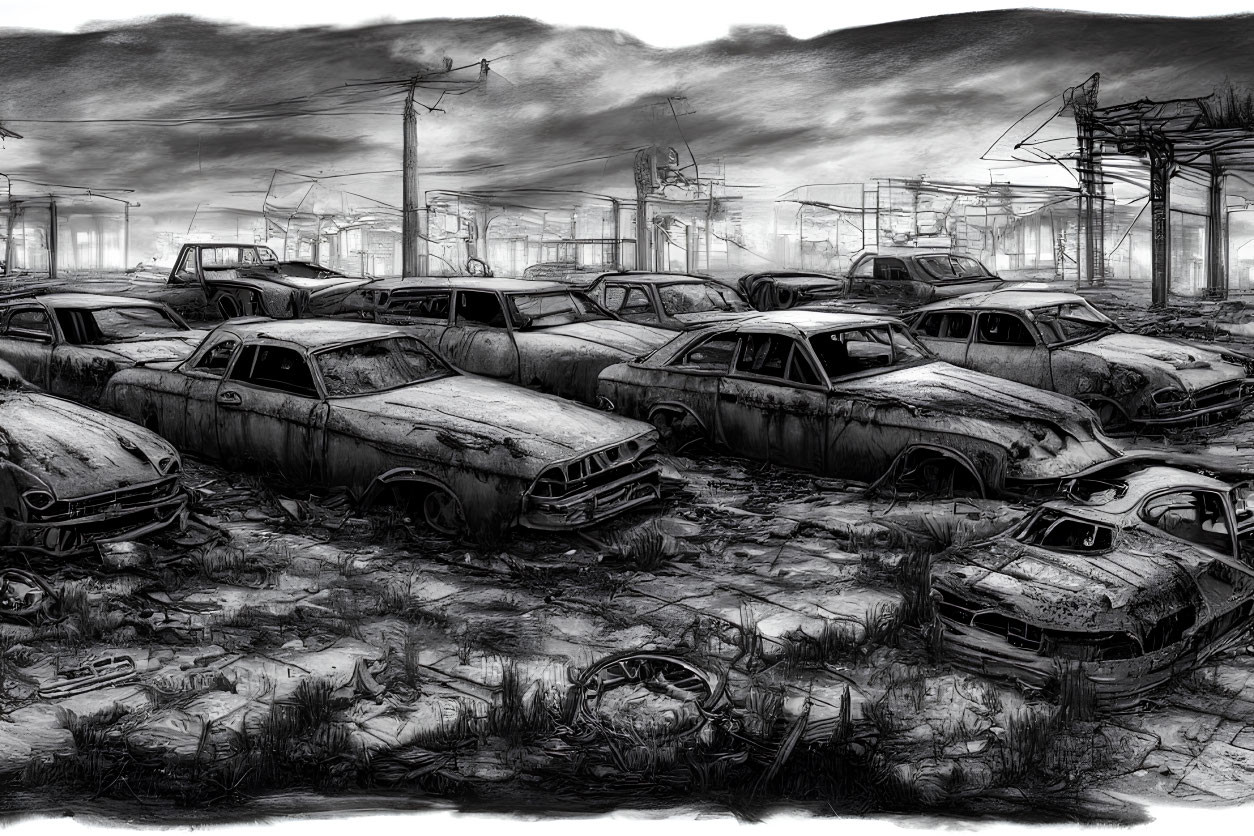 Monochromatic image of dilapidated cars in desolate industrial landscape