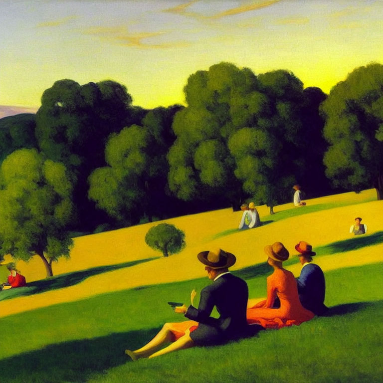 Vintage attire painting of people on grassy hill under golden sky