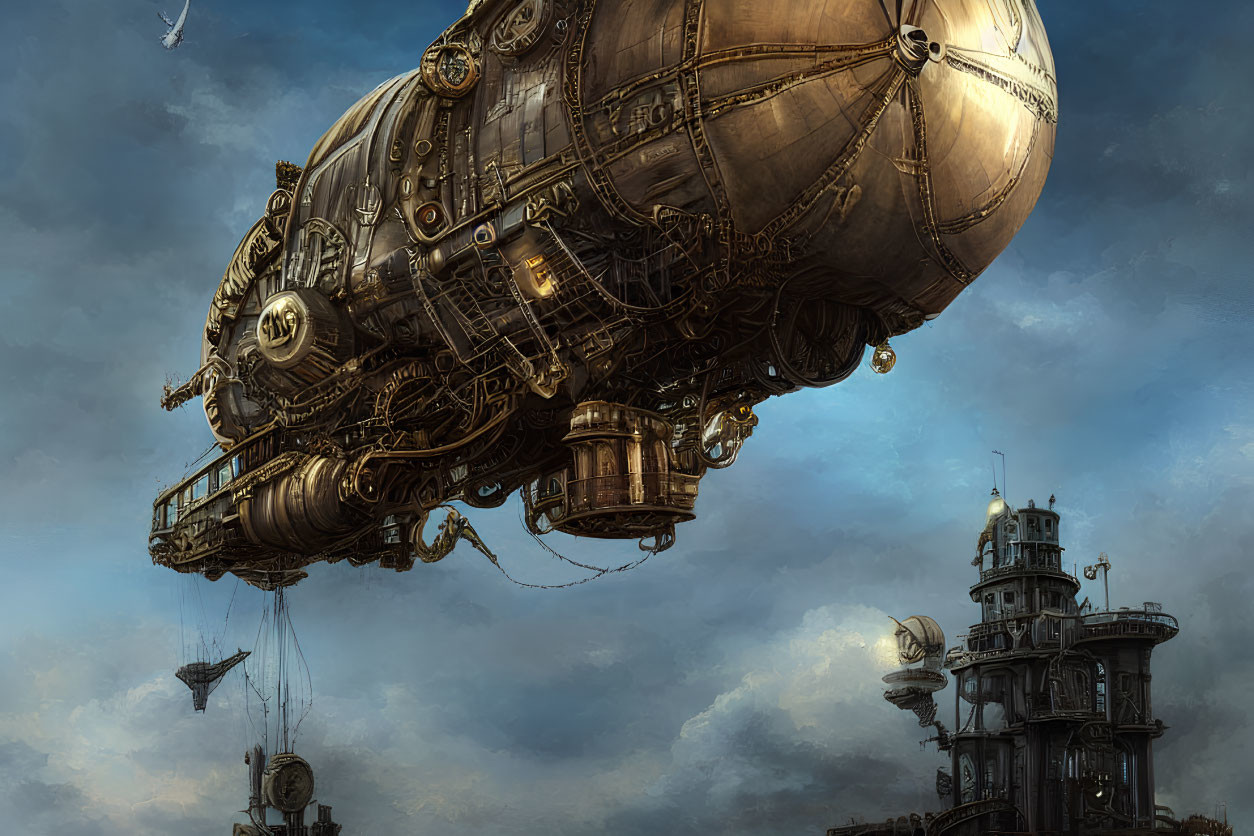 Steampunk-style airship soaring above ornate towers in cloudy sky