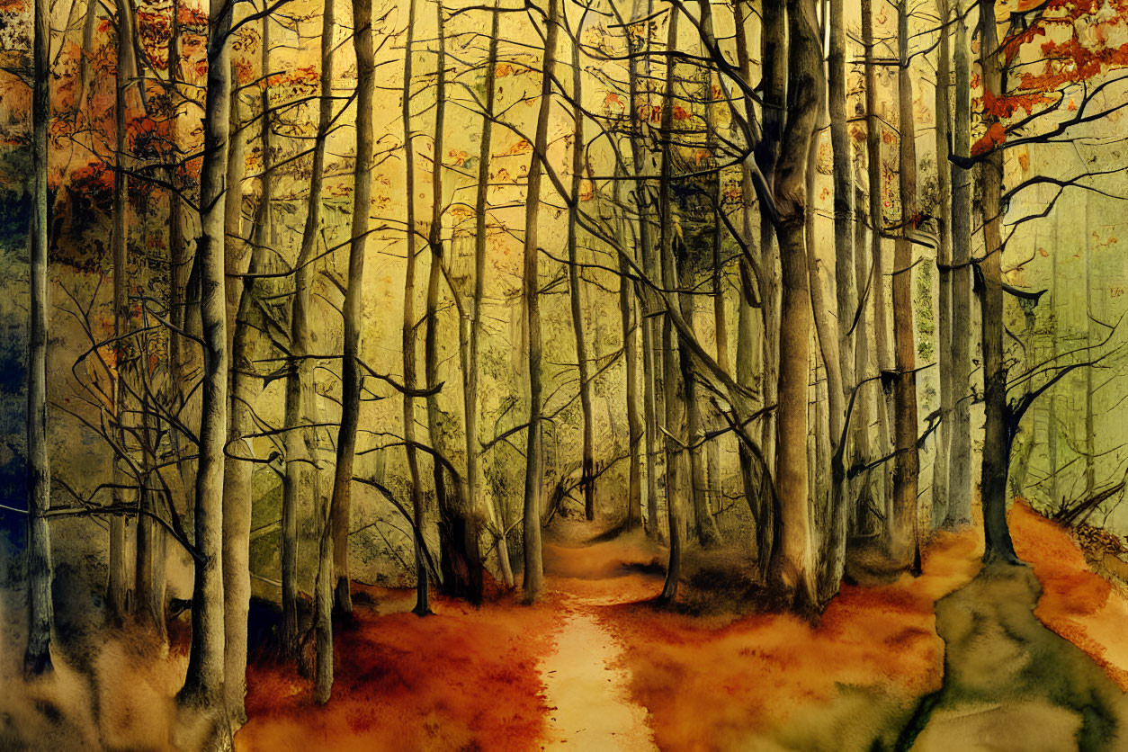 Autumn forest painting with slender trees and warm earthy tones