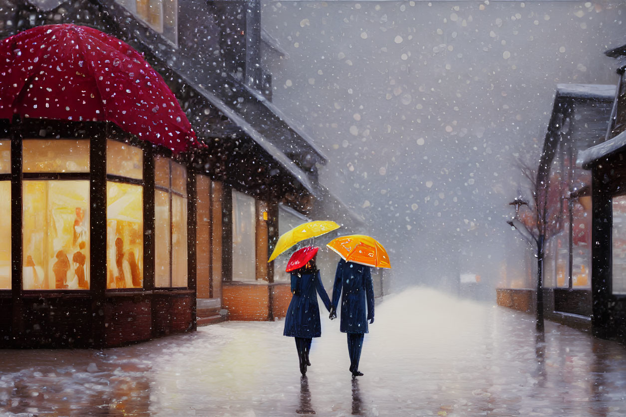 People walking under colorful umbrellas on snowy street with buildings and glowing shop windows.