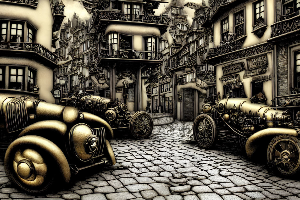 Vintage street scene with old cars and cobblestone roads.