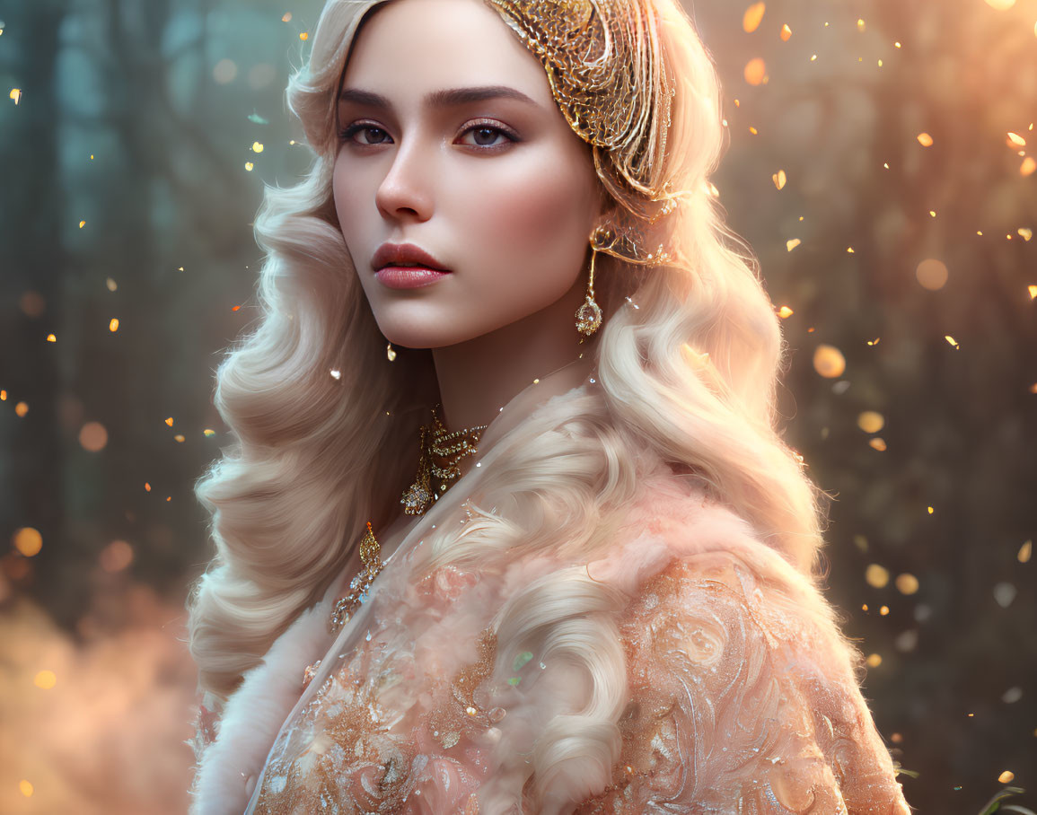 Blonde Woman in Golden Jewelry and Headpiece on Sparkling Background