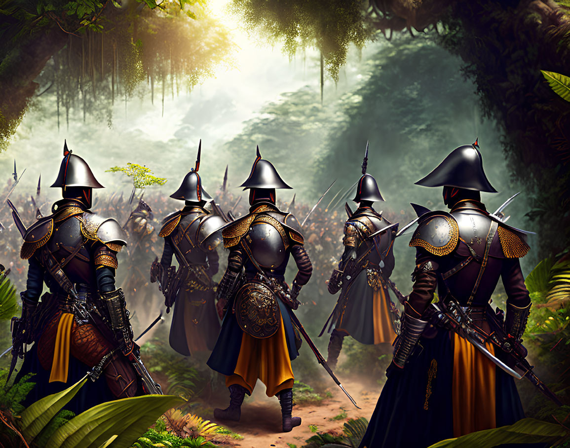 Armored medieval knights with spears in lush forest clearing
