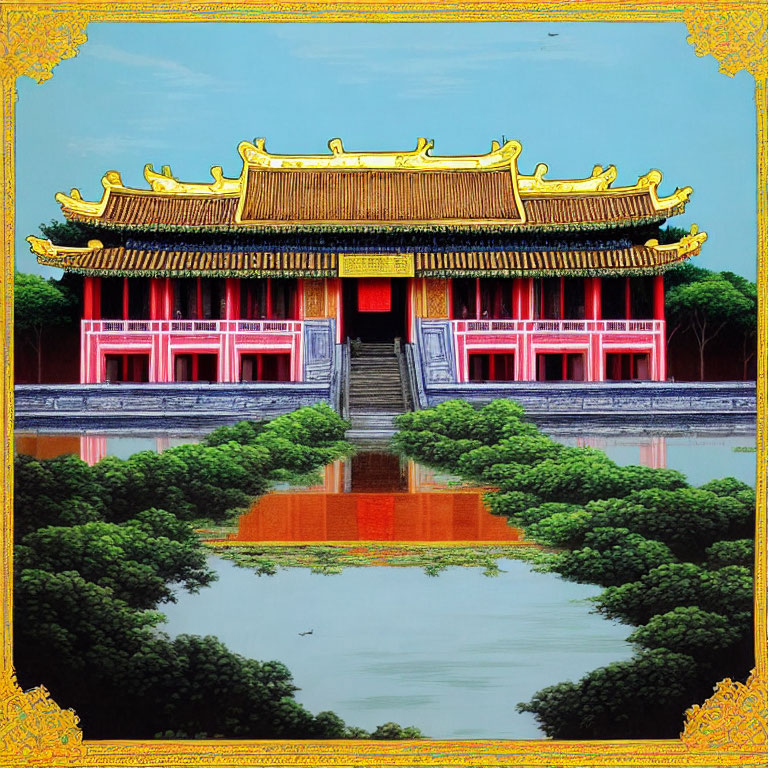 Asian Temple with Golden Roof and Red Columns Reflected in Pond