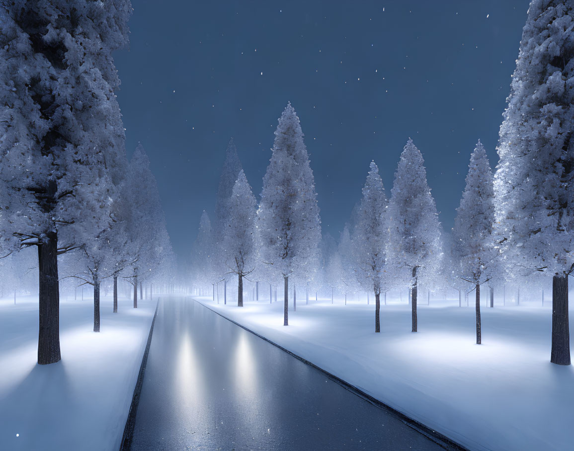 Snow-covered trees on road under starry sky in tranquil winter night