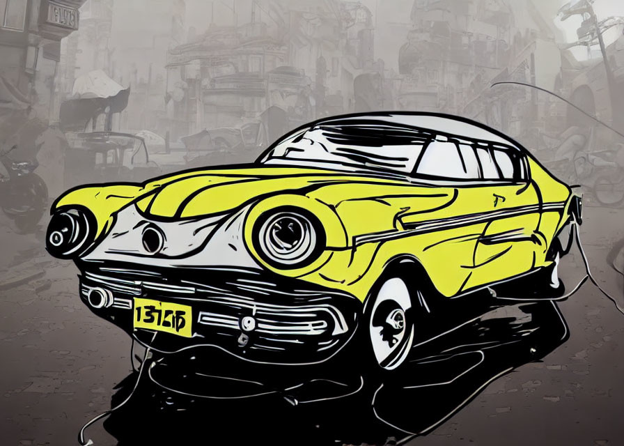 Bright Yellow Classic Car Illustration on Grayscale City Street