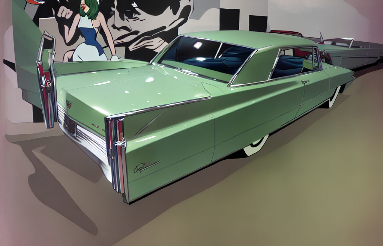 Stylized green Cadillac car in front of cartoon mural