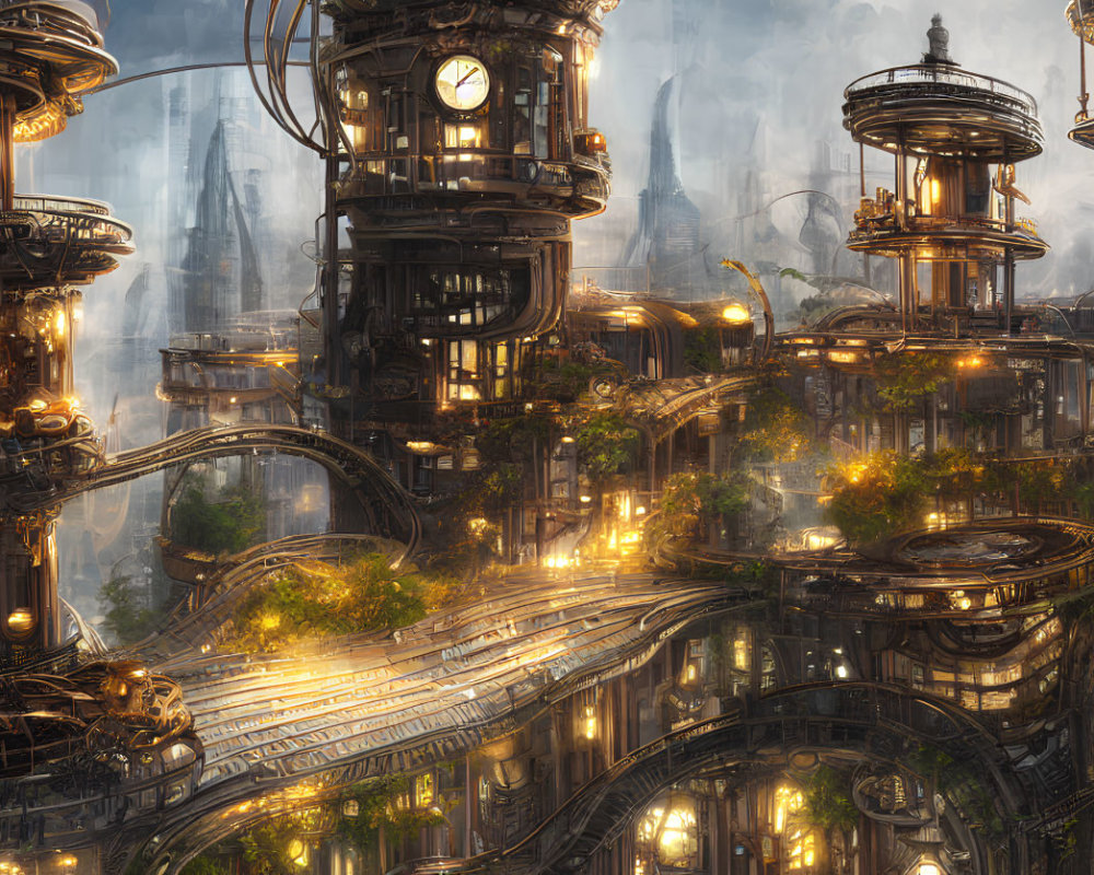 Fantastical illuminated cityscape with ornate buildings and lush greenery