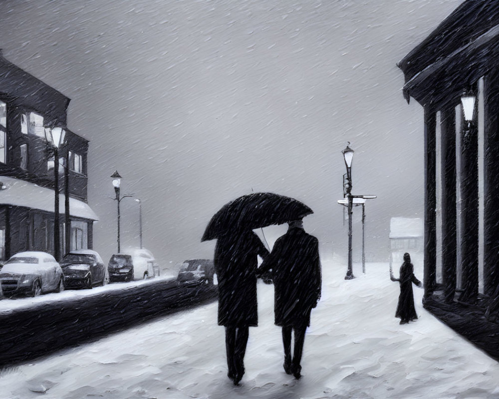 Couple under umbrella on snowy city street with parked cars and street lamps