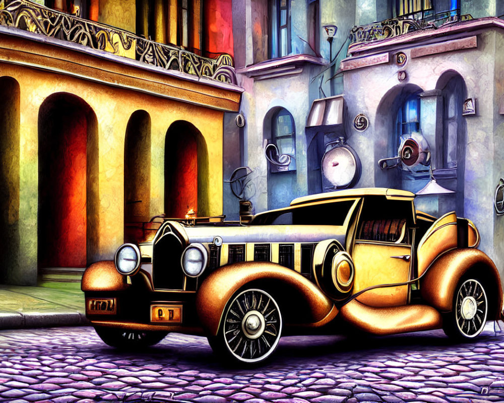 Colorful Stylized Image: Classic Car on Cobblestone Street in Whimsical Town