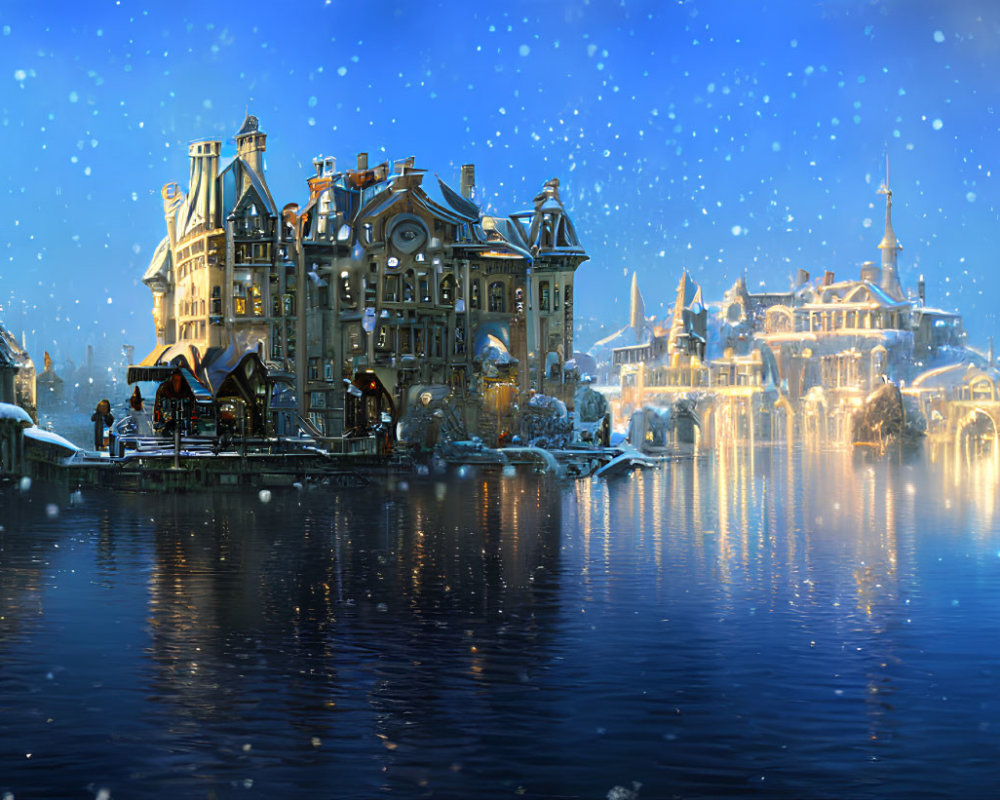 Snowfall over illuminated city by calm water at dusk or dawn