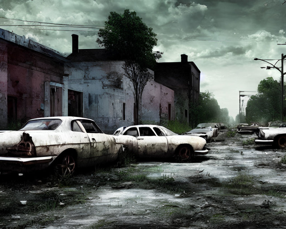 Desolate Street with Abandoned Buildings and Cars under Overcast Skies