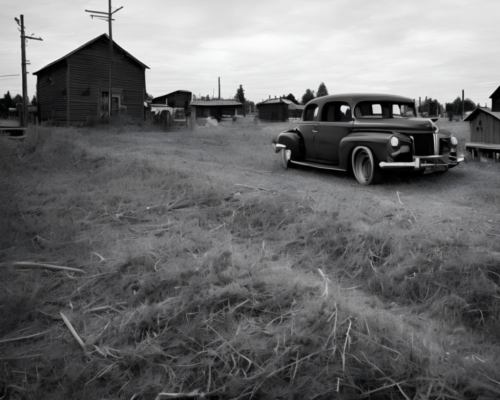 Vintage Car Parked Near Old Wooden Building in Overgrown Field, Under Cloudy Sky