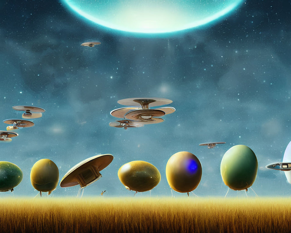 Fantasy landscape with egg-shaped structures and flying saucers under a glowing celestial body