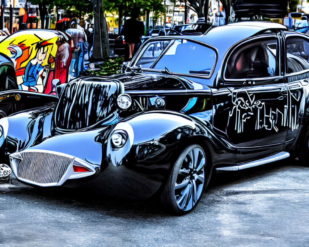 Stylized high-contrast image of classic black car at car show