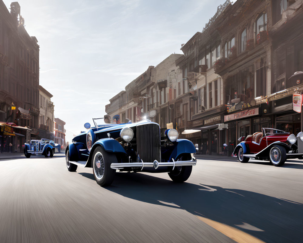 Classic cars cruising past historic cityscape under clear skies