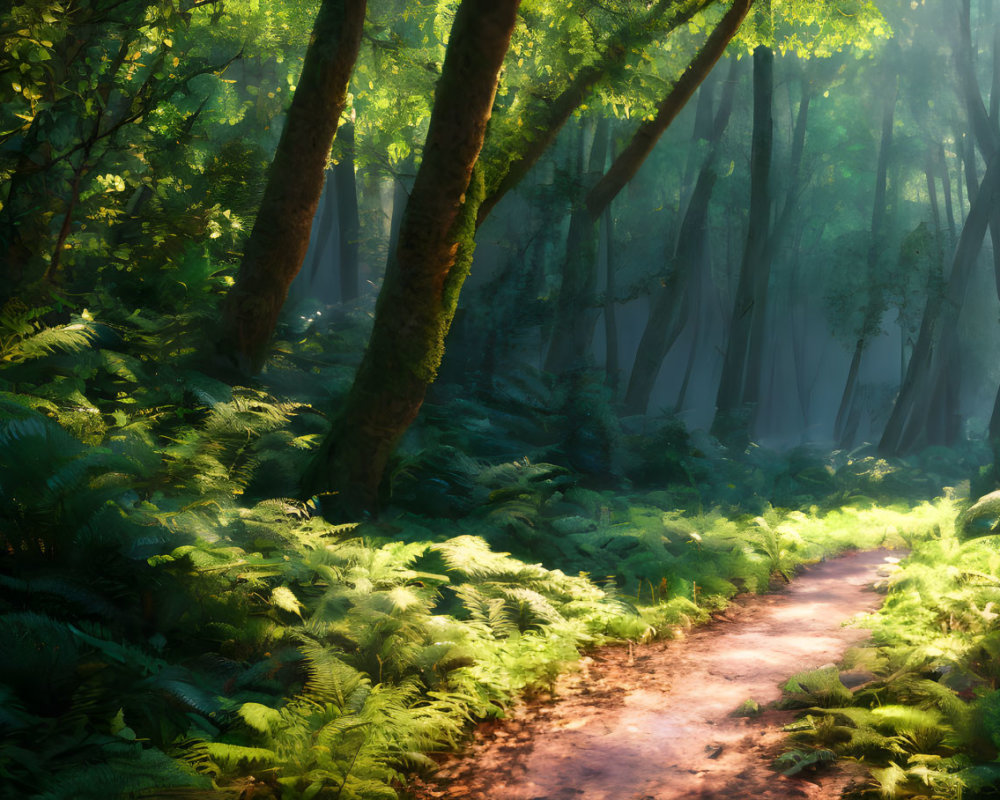 Verdant forest path with sunlight filtering through