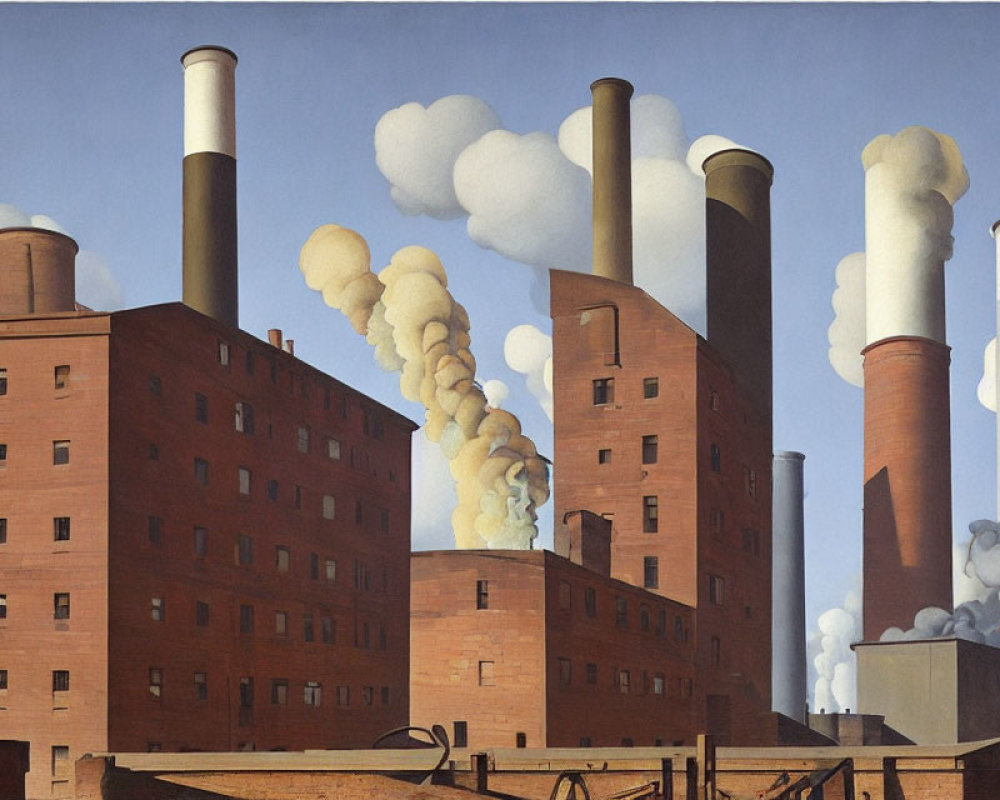 Industrial Landscape Painting with Red-Brick Buildings and Chimneys