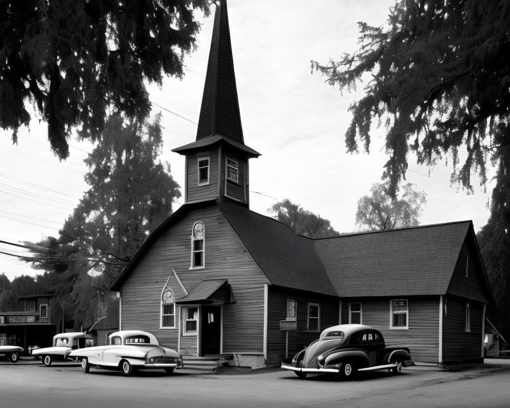 Grayscale image of old church, vintage cars, shady trees