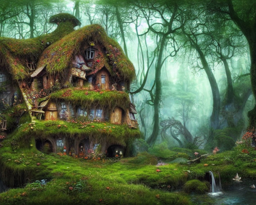 Moss-Covered House in Enchanting Forest with Waterfall