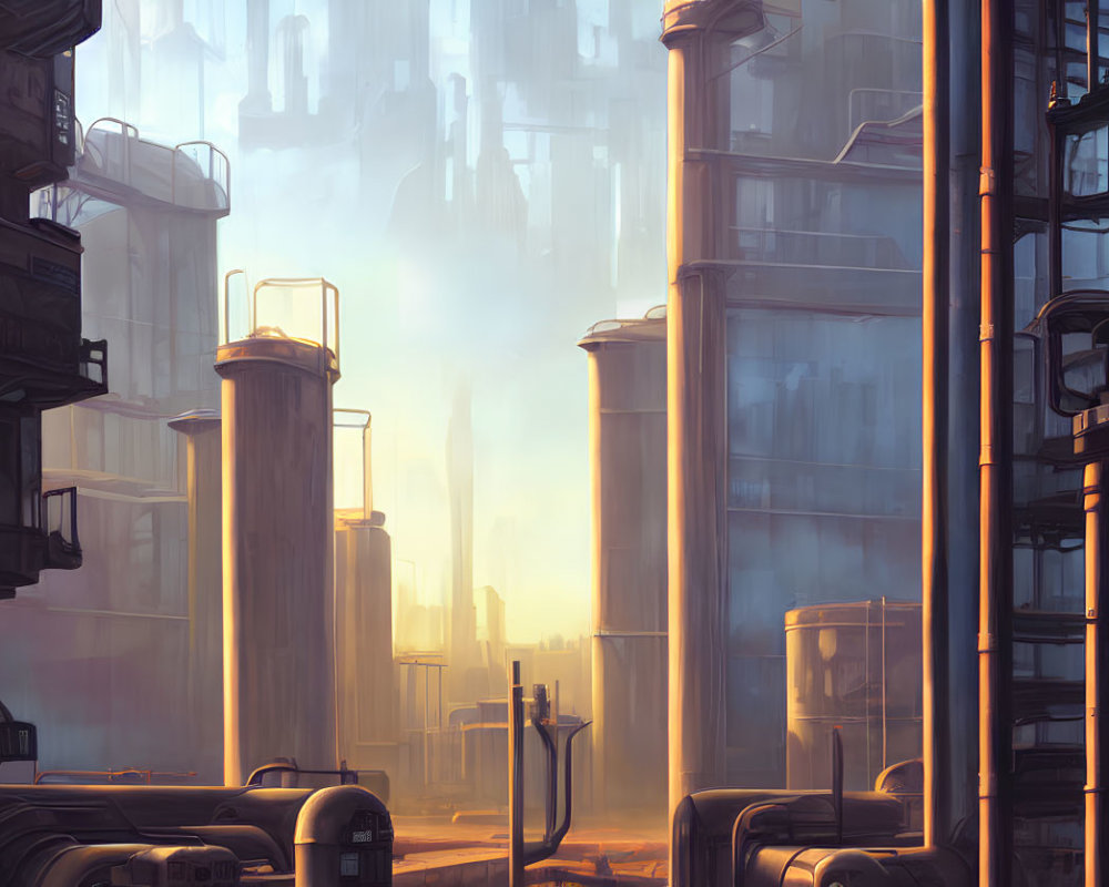 Futuristic cityscape with towering skyscrapers and industrial pipes in warm, golden light