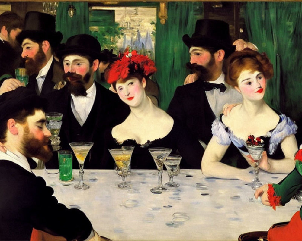 19th-Century Parisian Bar Scene with Men in Top Hats and Women in Dresses