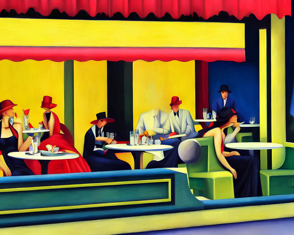 Abstract Cafe Scene with Elegantly Dressed Figures and Cocktails