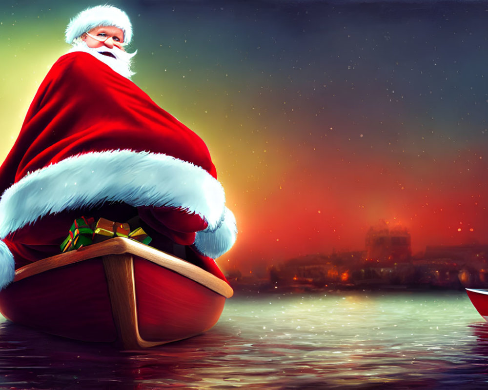 Santa Claus in Water Sleigh with Presents at Twilight