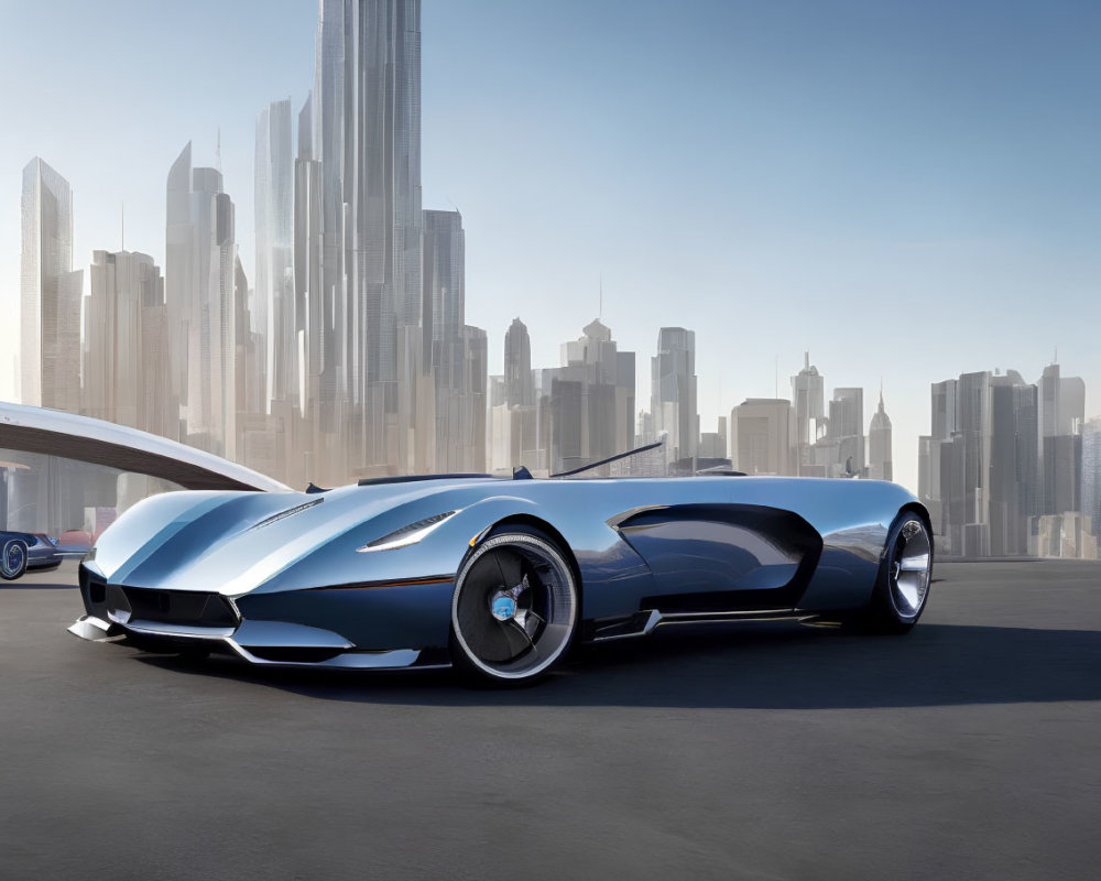 Sleek Blue Futuristic Sports Car on Empty Road with City Skyline