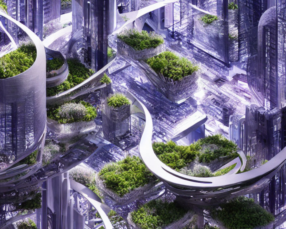 Futuristic Cityscape with Glass Buildings and Elevated Walkways