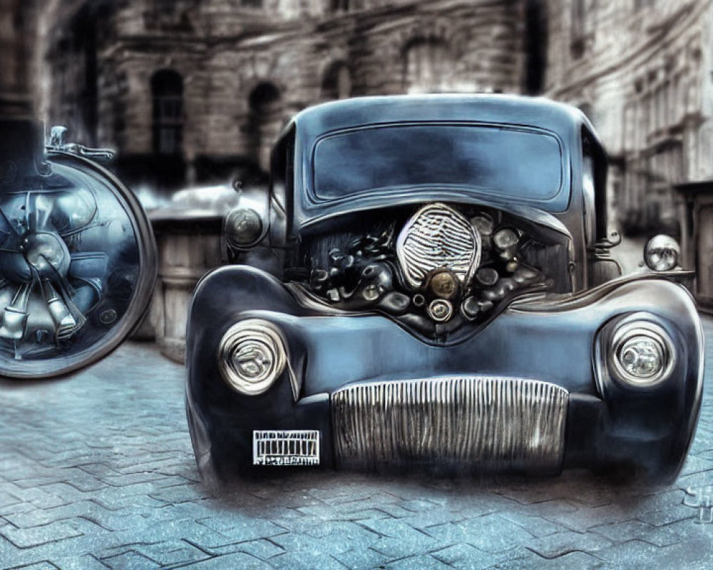 Exaggerated futuristic vehicle with floating pocket watch on cobblestone street