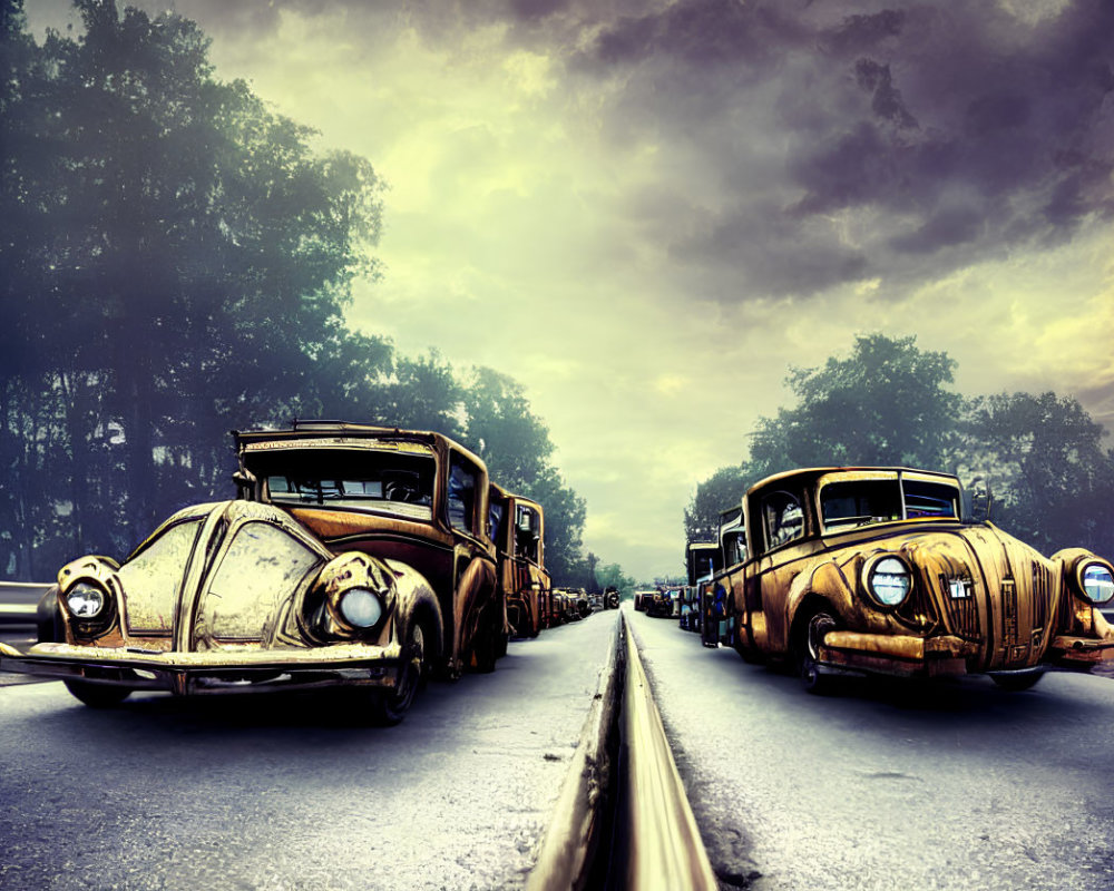 Classic Cars on Misty Road with Dramatic Sky & Fallen Leaves