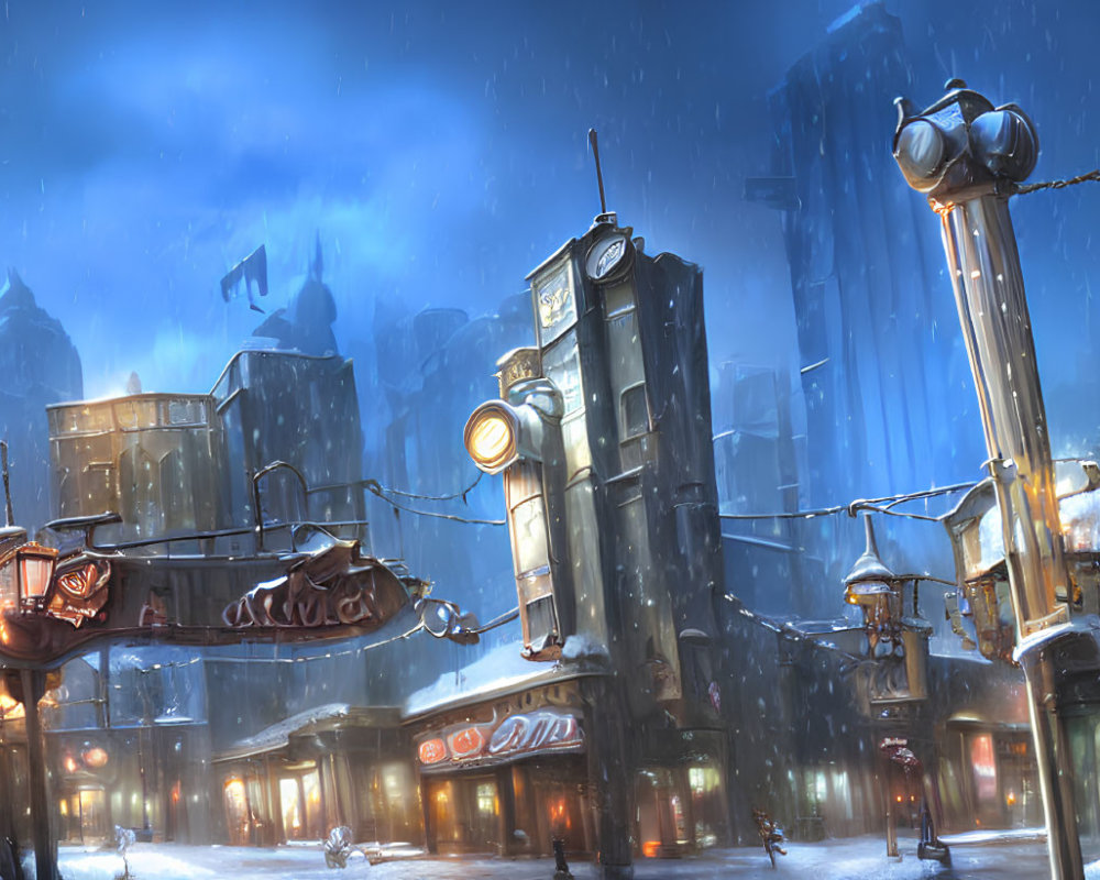 Snowy Winter Cityscape: Night Scene with Street Lamps, Buildings, Diner