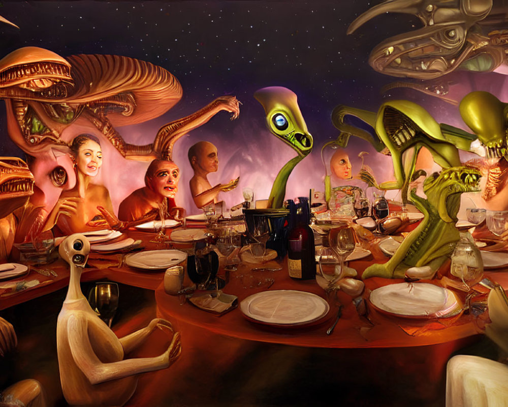 Colorful artwork featuring diverse alien and human faces at cosmic banquet