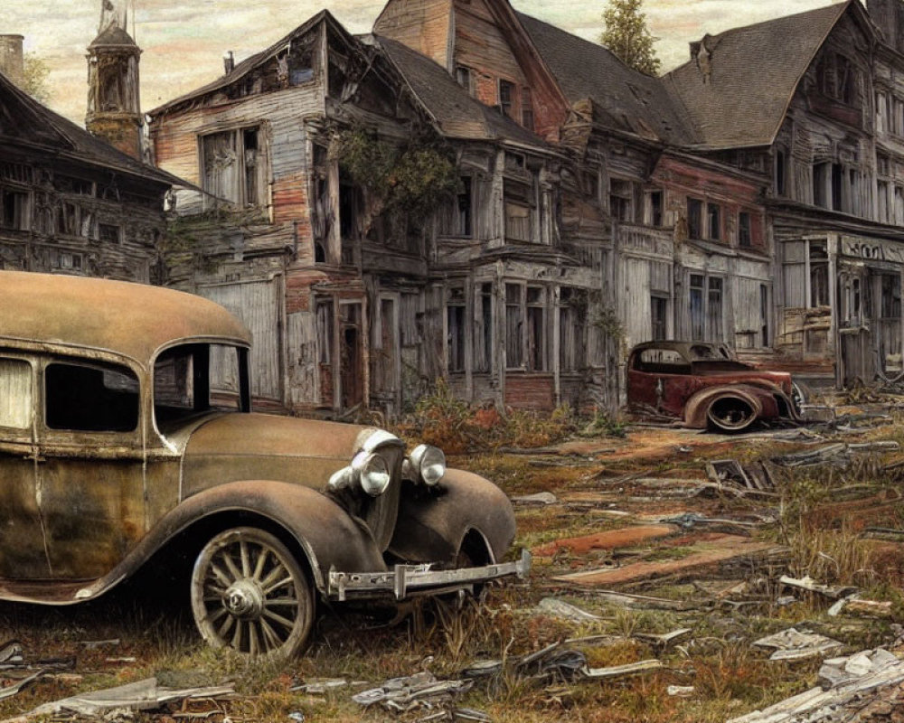 Abandoned vintage cars in front of dilapidated wooden houses with overgrown grass and debris, hint