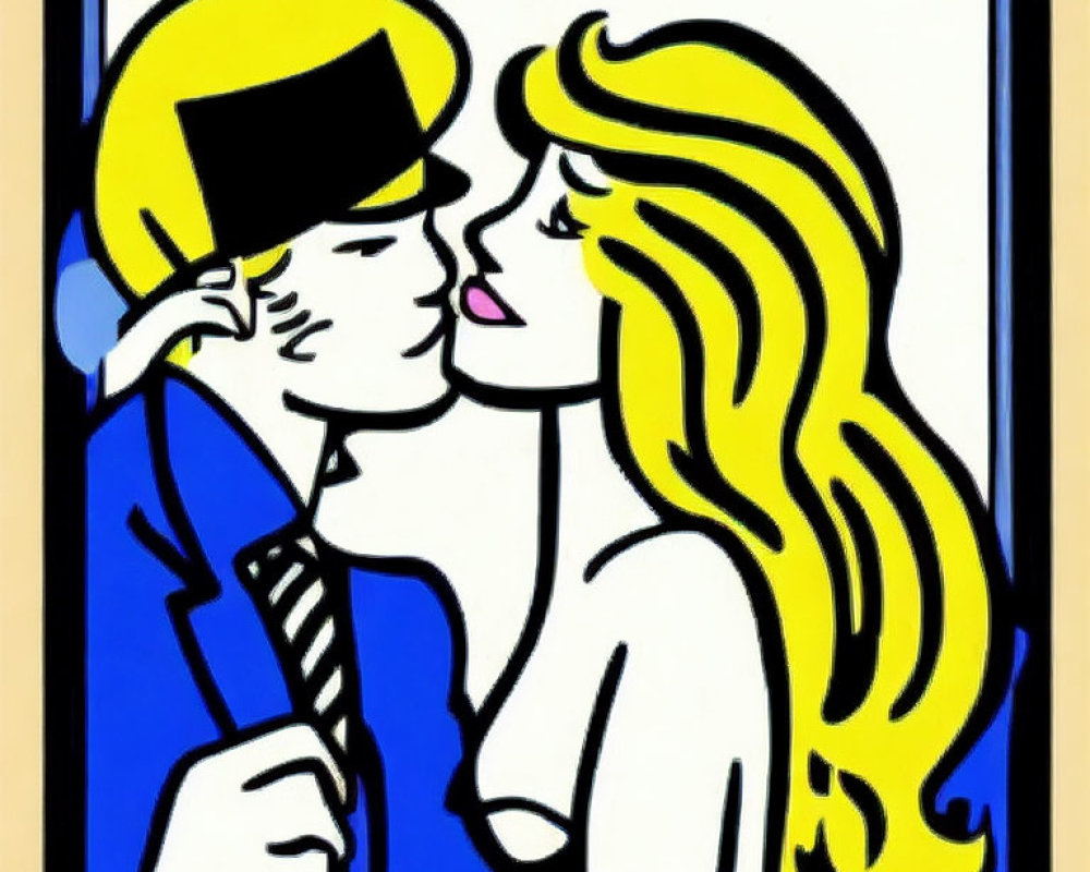 Pop art illustration: Man in yellow hat kissing woman with blonde hair on blue background