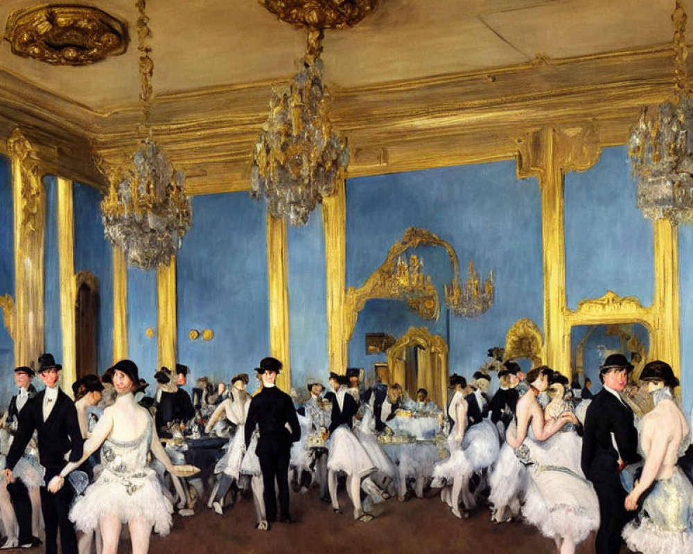 Opulent ballroom scene with guests in formal attire dancing and socializing