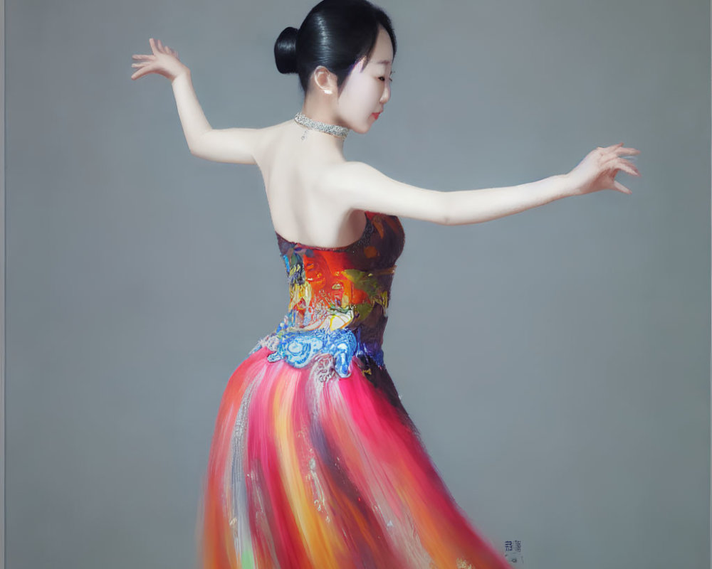 Colorful dress woman mid-twirl with arms extended on grey background