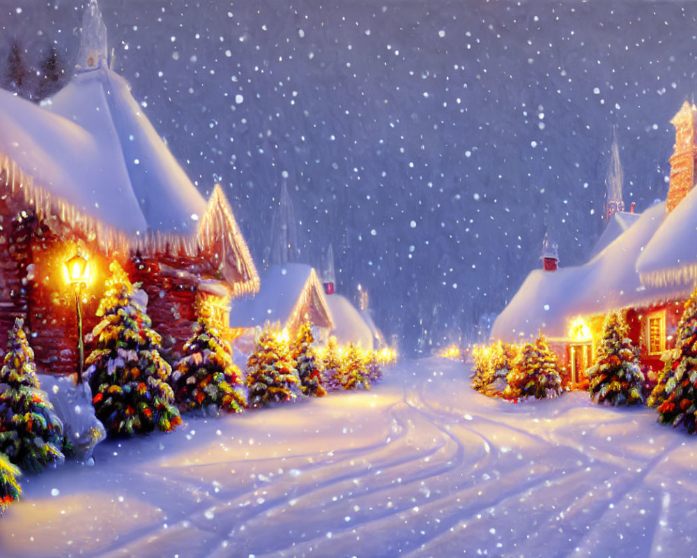 Winter village scene with snow-covered houses and Christmas trees at night