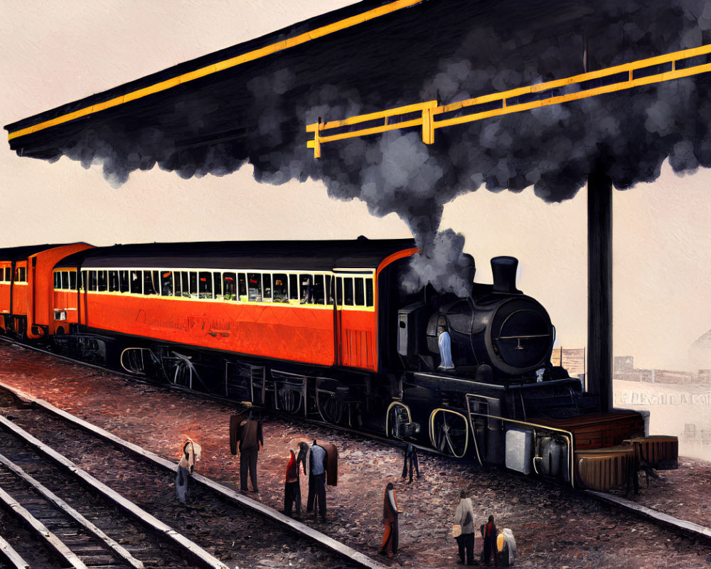 Vintage Steam Locomotive with Billowing Smoke and Passengers in Orange and Black Color Scheme