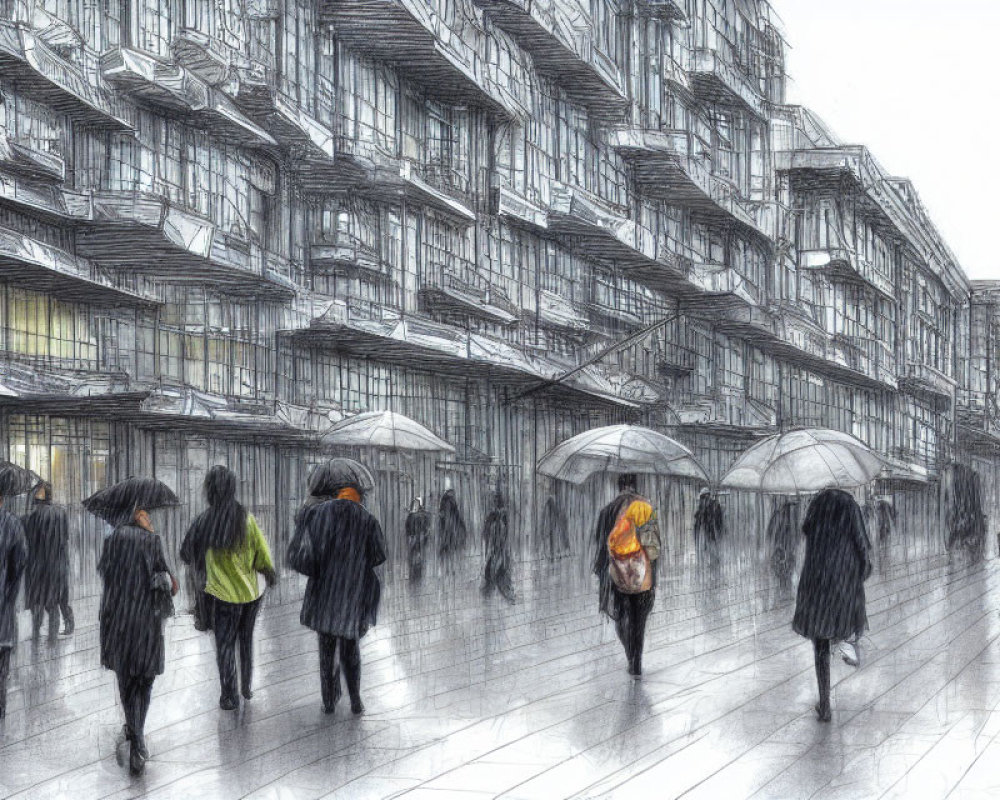 City street scene with people and umbrellas in monochromatic sketch style