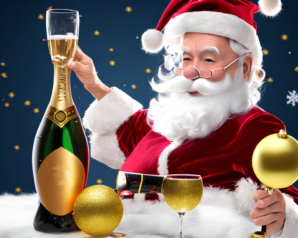 Santa Claus Toasting with Champagne Glass and Gold Ornaments on Blue Background